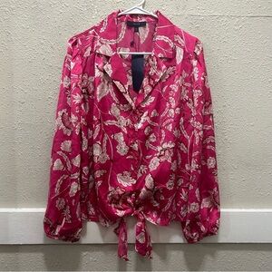 2 for 30✨Eclair Pink Floral Satin Tie Front Button Down Blouse NWT L